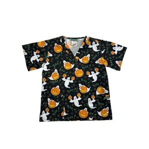 UA Scrubs Womens Scrub Top Small Black Halloween Pumpkin Ghost Boo